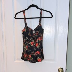 American Rag Black Cami with Red Rose Floral Print and Green Leaves